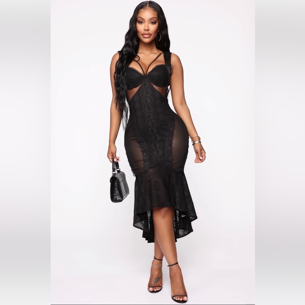Fashion Nova Black Lace Sheer Midi Dress